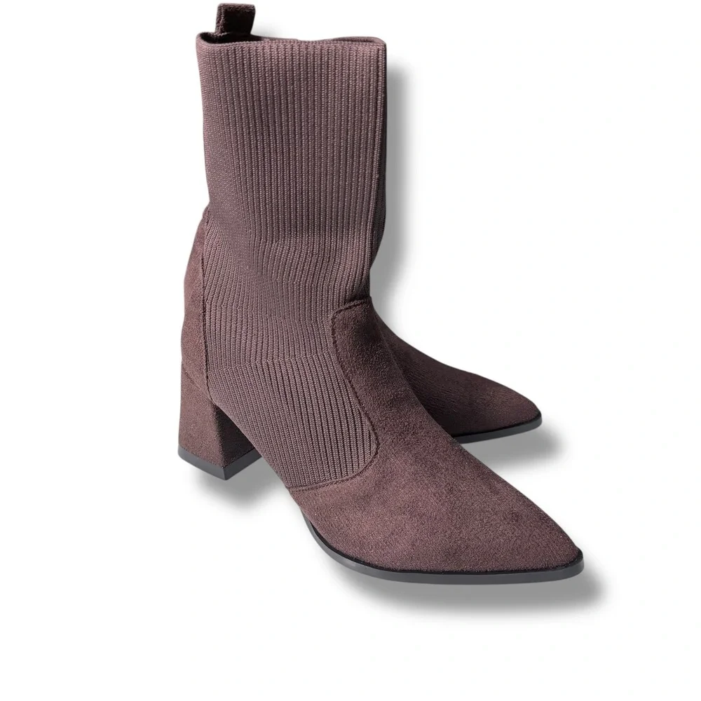 Choc. Brown Pull On Sock Boots Pointed Toe Block Heel Size 10 41 Boutique